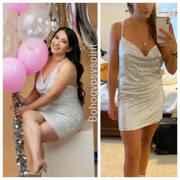 NWT Lulu's Silver Sequin Cowl Neck Mini Dress With Rhinestone Straps - Picture 8 of 16